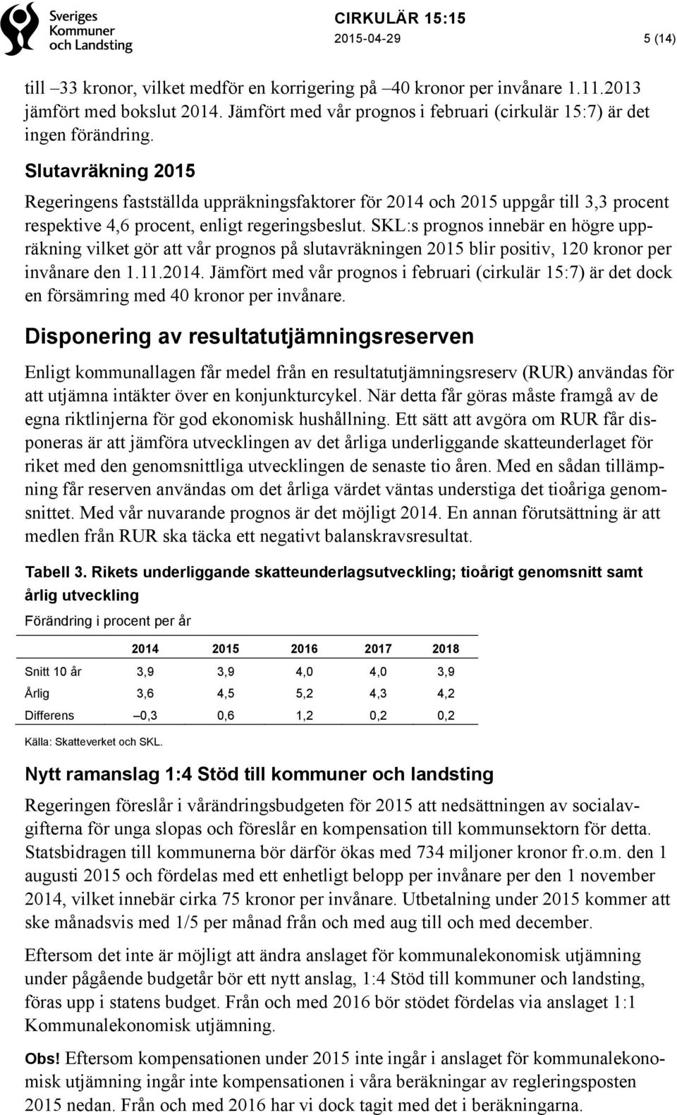 SKL:s prognos innebär en högre uppräkning vilket gör att vår prognos på slutavräkningen 2015 blir positiv, 120 kronor per invånare den 1.11.2014.