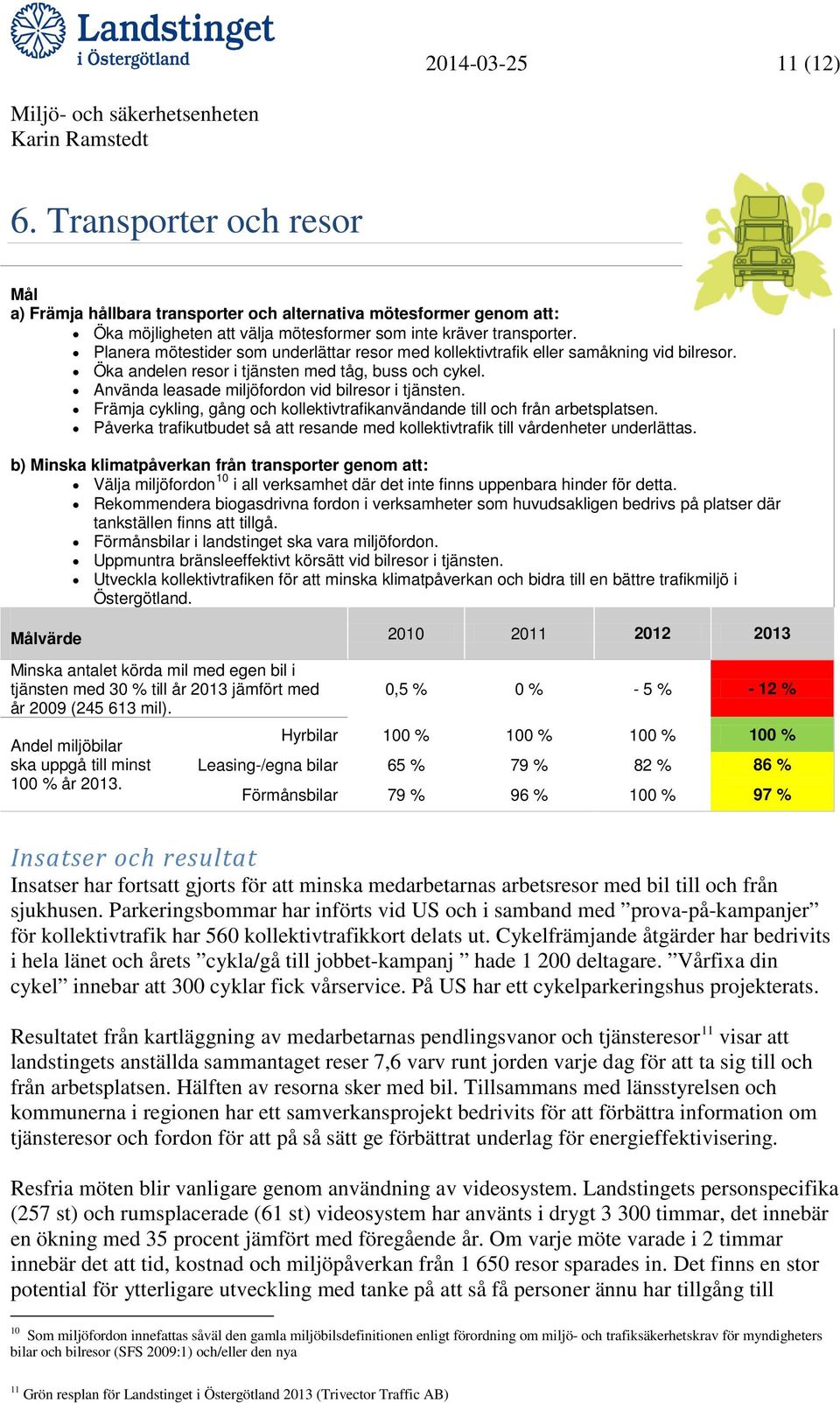 Främja cykling, gång och kollektivtrafikanvändande till och från arbetsplatsen. Påverka trafikutbudet så att resande med kollektivtrafik till vårdenheter underlättas.