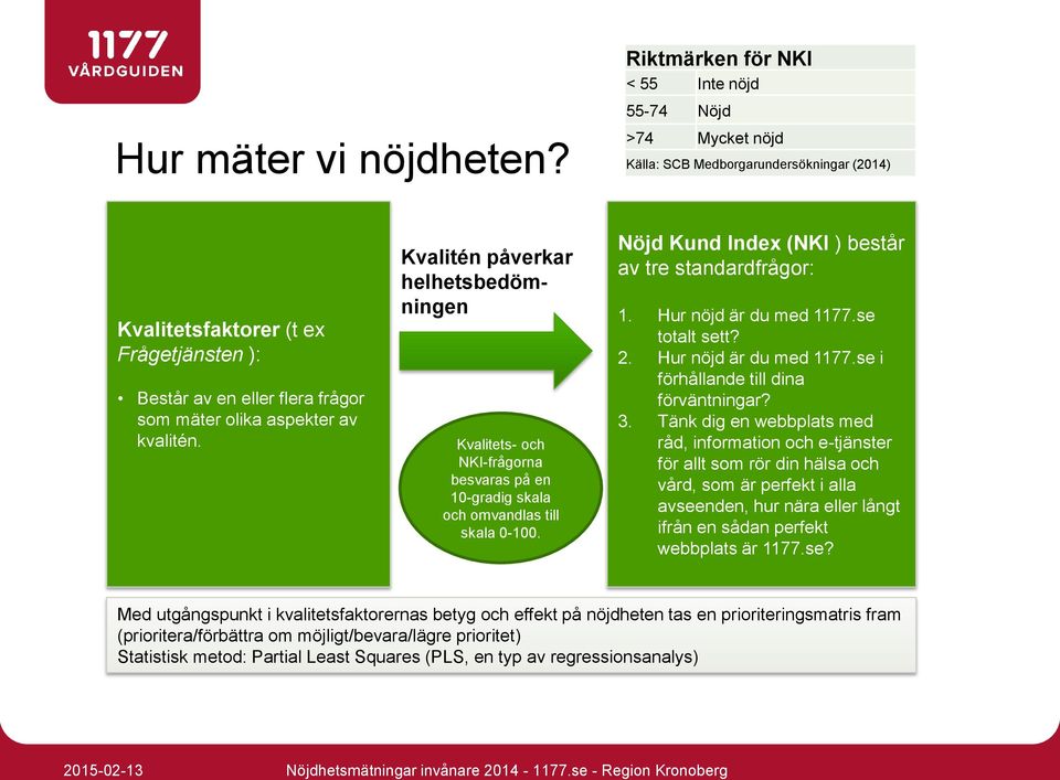 av kvalitén. Kvalitén påverkar helhetsbedömningen Kvalitets- och NKI-frågorna besvaras på en 10-gradig skala och omvandlas till skala 0-100. Nöjd Kund Index (NKI ) består av tre standardfrågor: 1.