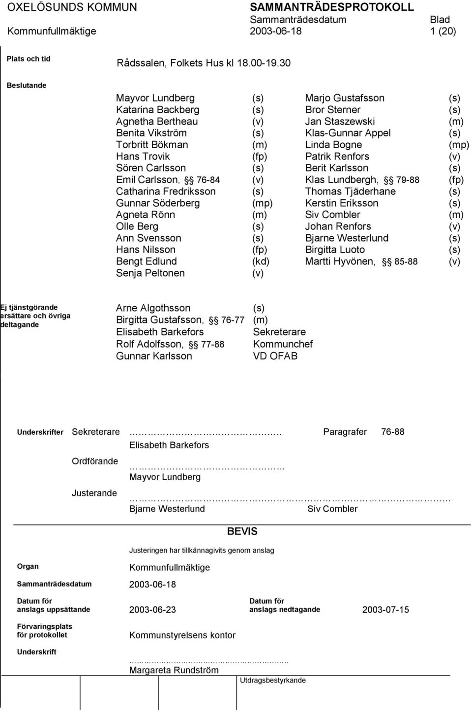 (mp) Hans Trovik (fp) Patrik Renfors (v) Sören Carlsson (s) Berit Karlsson (s) Emil Carlsson, 76-84 (v) Klas Lundbergh, 79-88 (fp) Catharina Fredriksson (s) Thomas Tjäderhane (s) Gunnar Söderberg