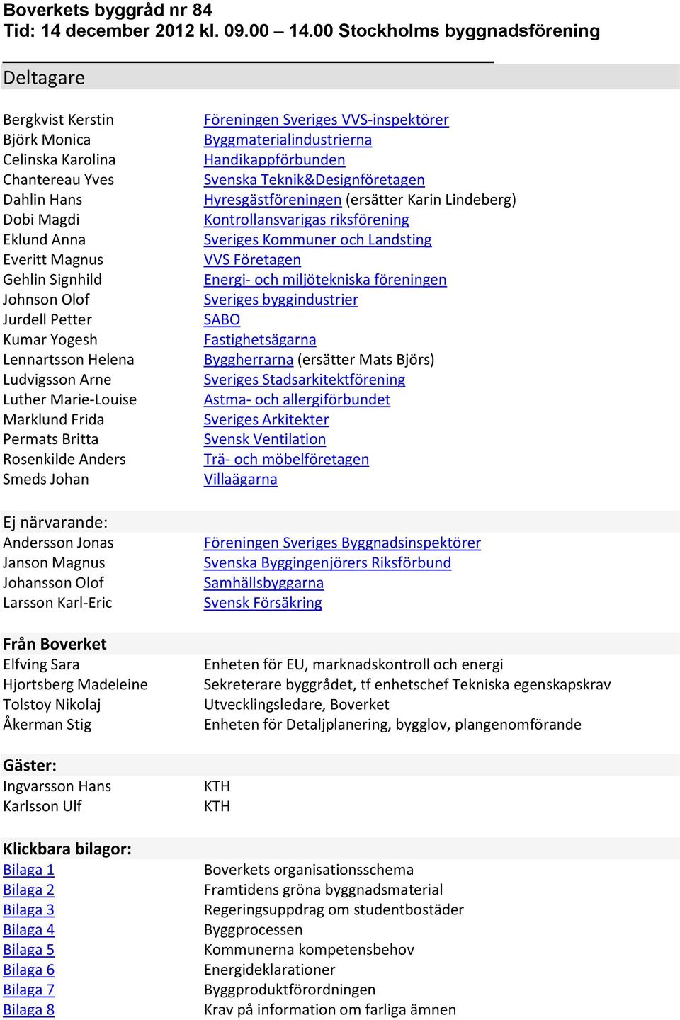 Kumar Yogesh Lennartsson Helena Ludvigsson Arne Luther Marie-Louise Marklund Frida Permats Britta Rosenkilde Anders Smeds Johan Ej närvarande: Andersson Jonas Janson Magnus Johansson Olof Larsson
