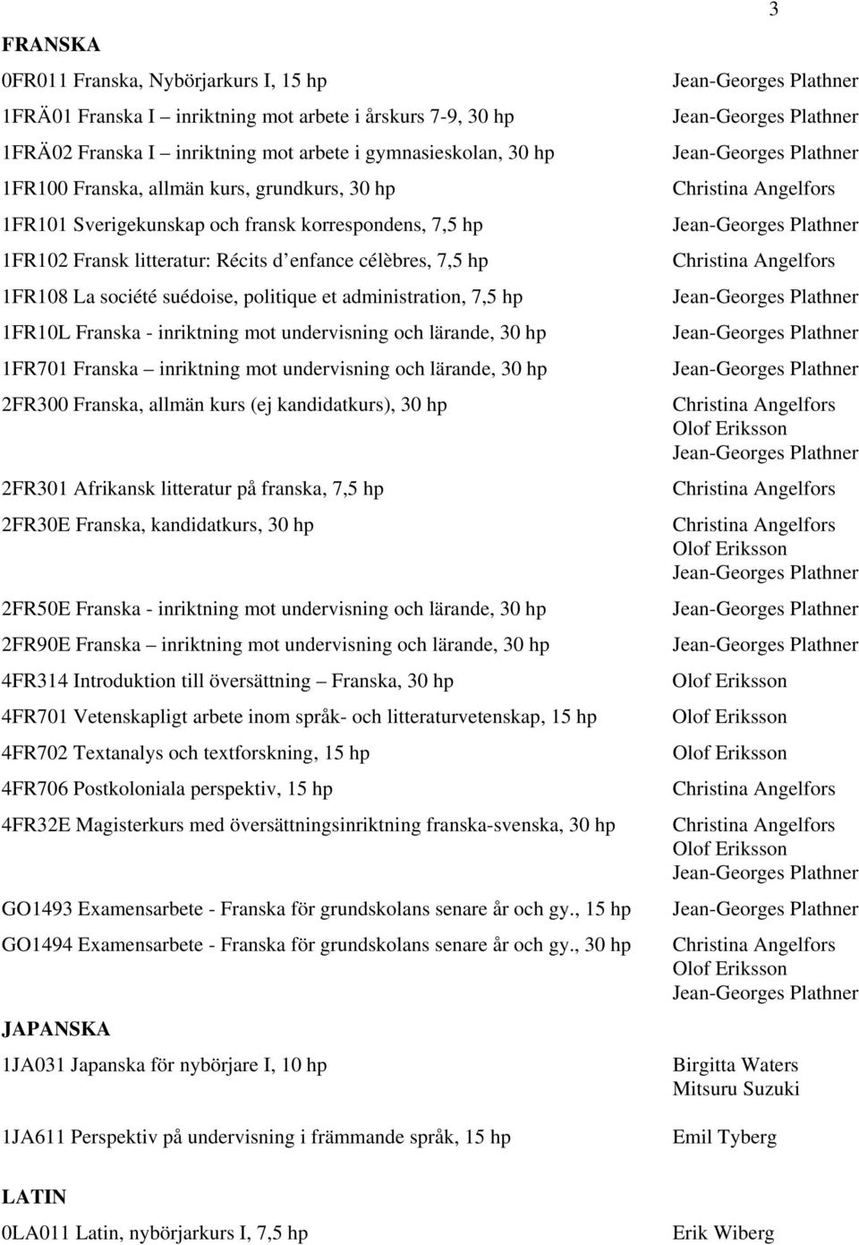 1FR10L Franska - inriktning mot undervisning och lärande, 30 hp 1FR701 Franska inriktning mot undervisning och lärande, 30 hp 2FR300 Franska, allmän kurs (ej kandidatkurs), 30 hp 2FR301 Afrikansk