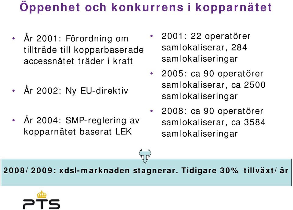 samlokaliserar, 284 samlokaliseringar 2005: ca 90 operatörer samlokaliserar, ca 2500 samlokaliseringar 2008: