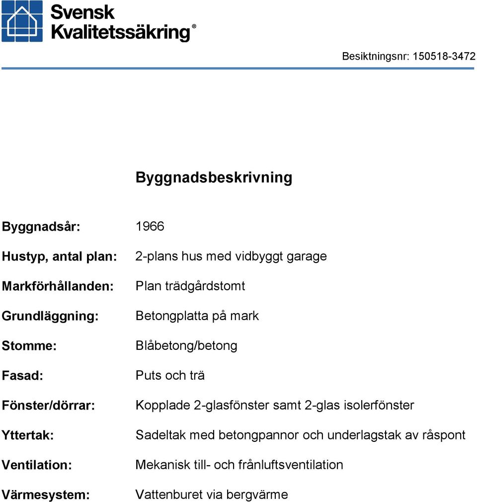 Betongplatta på mark Blåbetong/betong Puts och trä Kopplade 2-glasfönster samt 2-glas isolerfönster