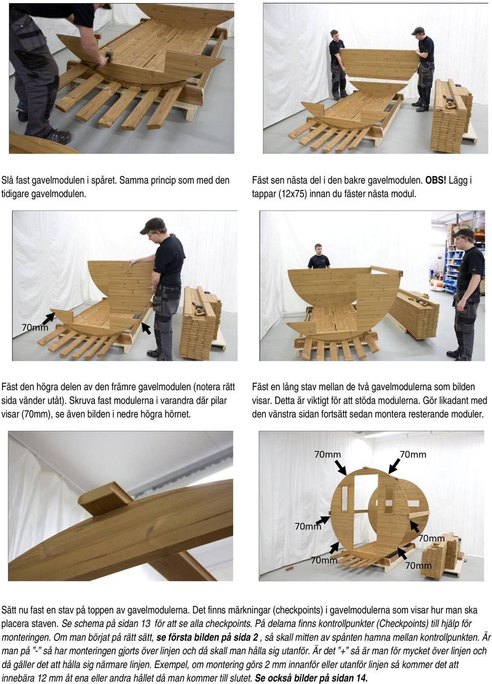 Fäst en lång stav mellan de två gavelmodulerna som bilden visar. Detta är viktigt för att stöda modulerna. Gör likadant med den vänstra sidan fortsätt sedan montera resterande moduler.