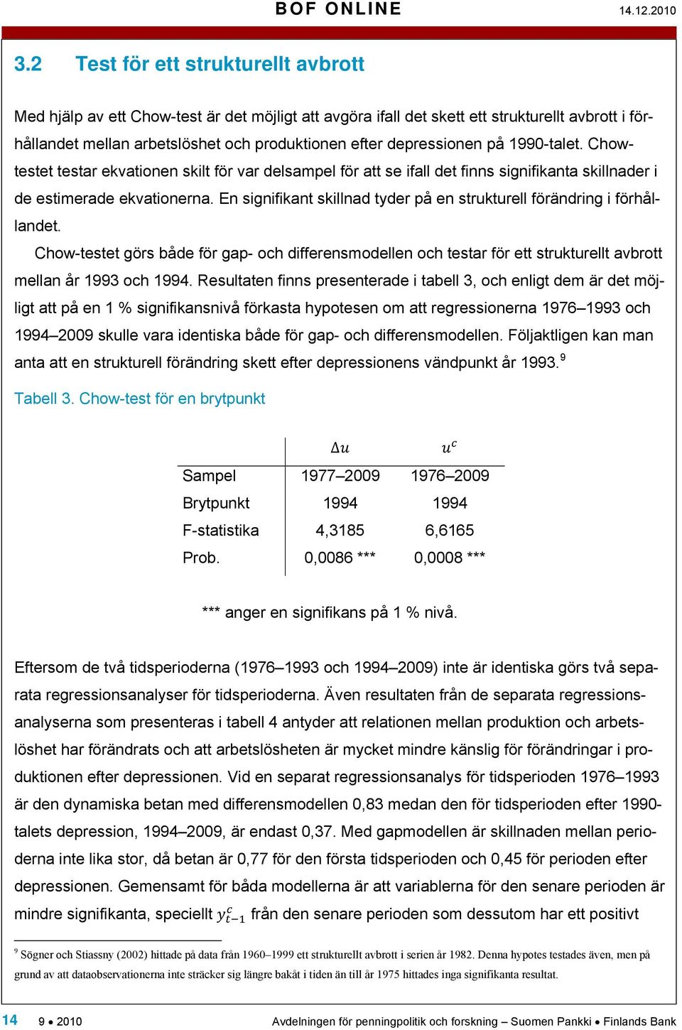depressionen på 1990-talet. Chowtestet testar ekvationen skilt för var delsampel för att se ifall det finns signifikanta skillnader i de estimerade ekvationerna.