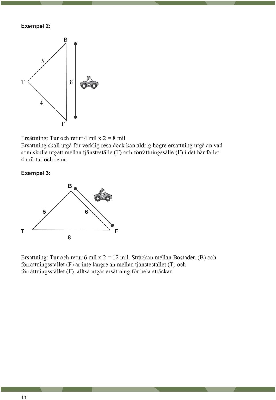 och retur. Exempel 3: B 5 6 T 8 F Ersättning: Tur och retur 6 mil x 2 = 12 mil.