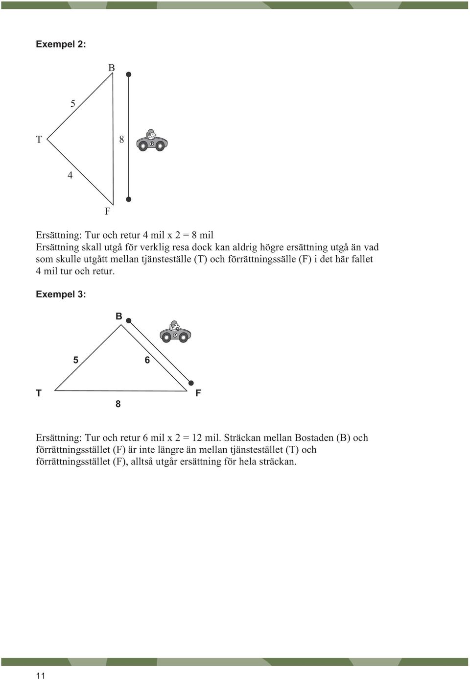 och retur. Exempel 3: B 5 6 T 8 F Ersättning: Tur och retur 6 mil x 2 = 12 mil.