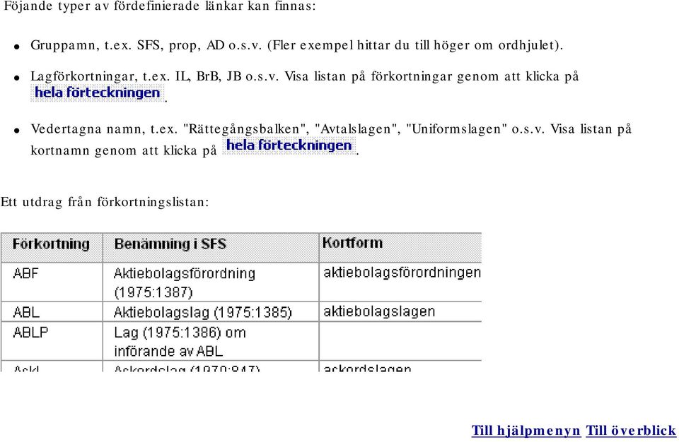 Vedertagna namn, t.ex. "Rättegångsbalken", "Avtalslagen", "Uniformslagen" o.s.v. Visa listan på kortnamn genom att klicka på.