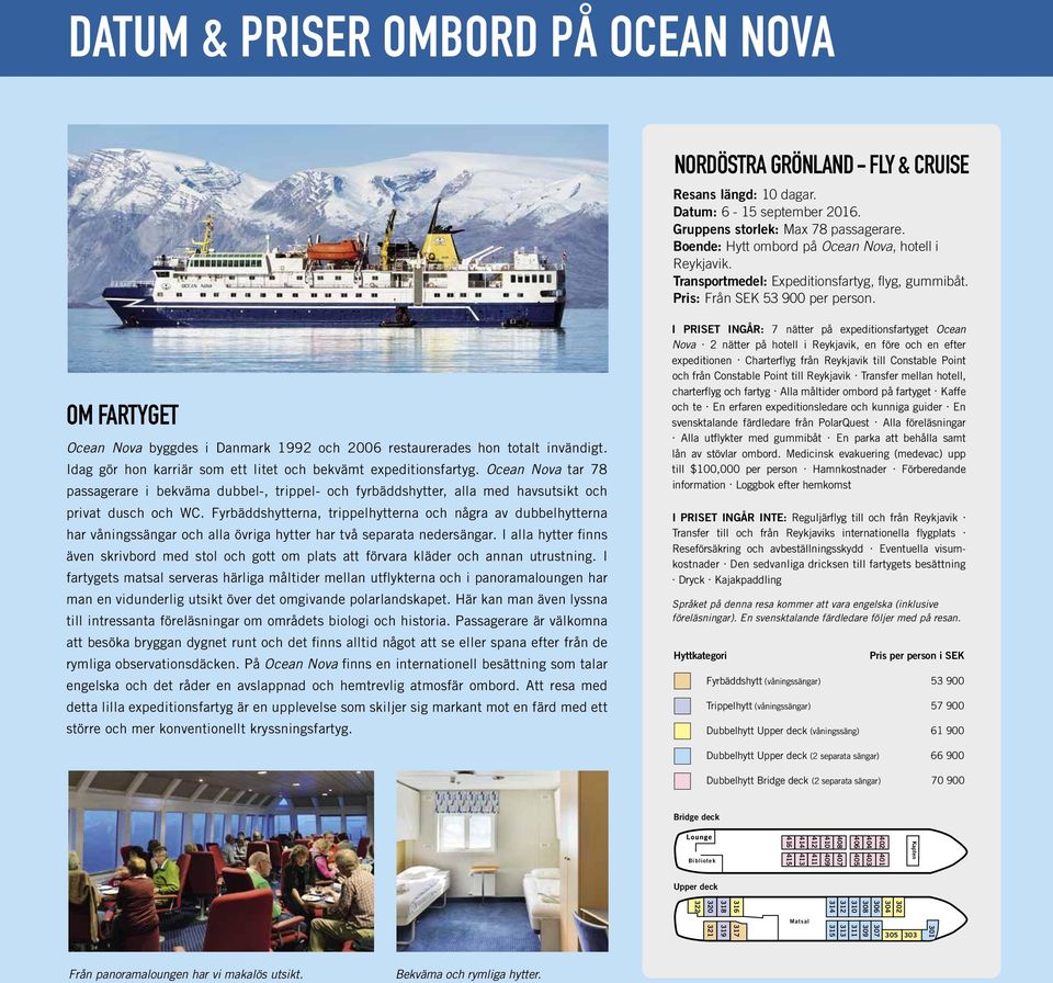 OM FARTYGET Ocean Nova byggdes i Danmark 1992 och 2006 restaurerades hon totalt invändigt. Idag gör hon karriär som ett litet och bekvämt expeditionsfartyg.