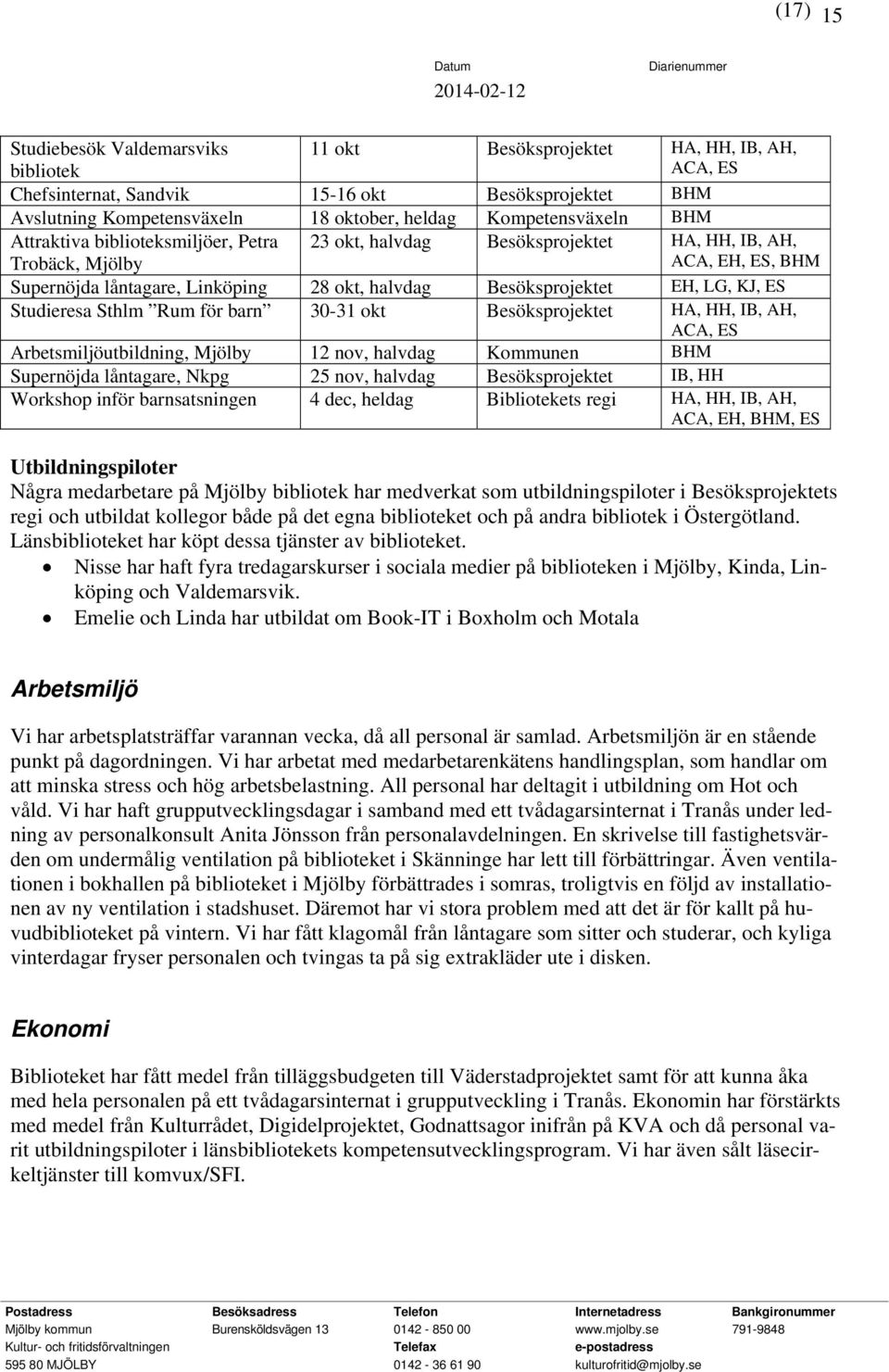 Besöksprojektet EH, LG, KJ, ES Studieresa Sthlm Rum för barn 30-31 okt Besöksprojektet HA, HH, IB, AH, ACA, ES Arbetsmiljöutbildning, Mjölby 12 nov, halvdag Kommunen BHM Supernöjda låntagare, Nkpg 25
