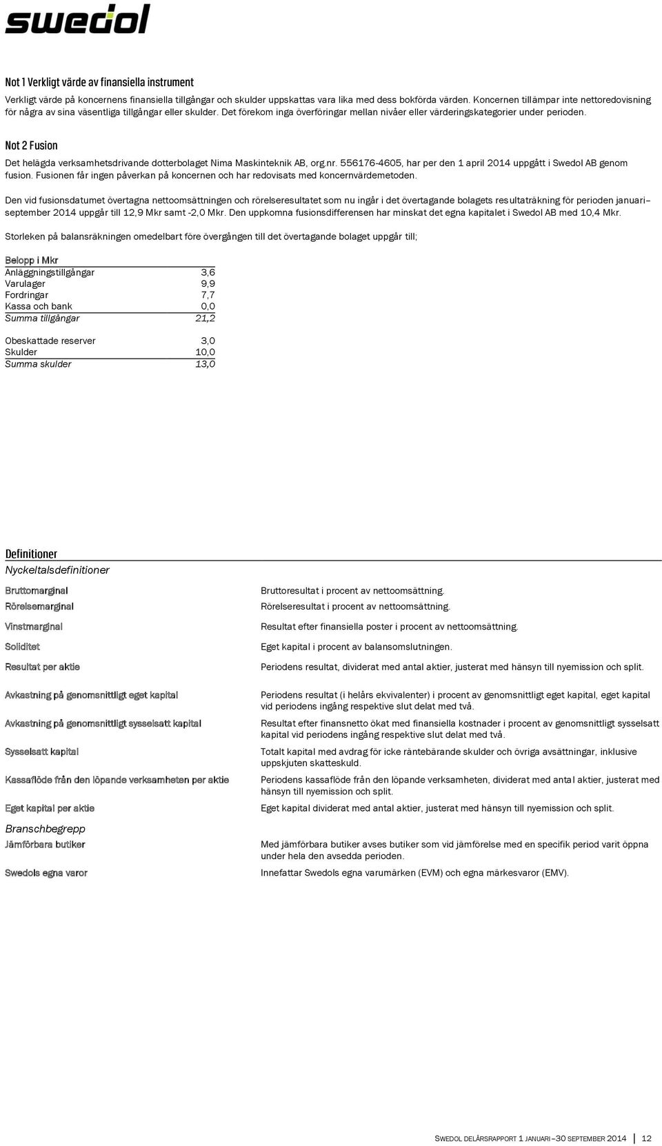Not 2 Fusion Det helägda verksamhetsdrivande dotterbolaget Nima Maskinteknik AB, org.nr. 556176-4605, har per den 1 april 2014 uppgått i Swedol AB genom fusion.