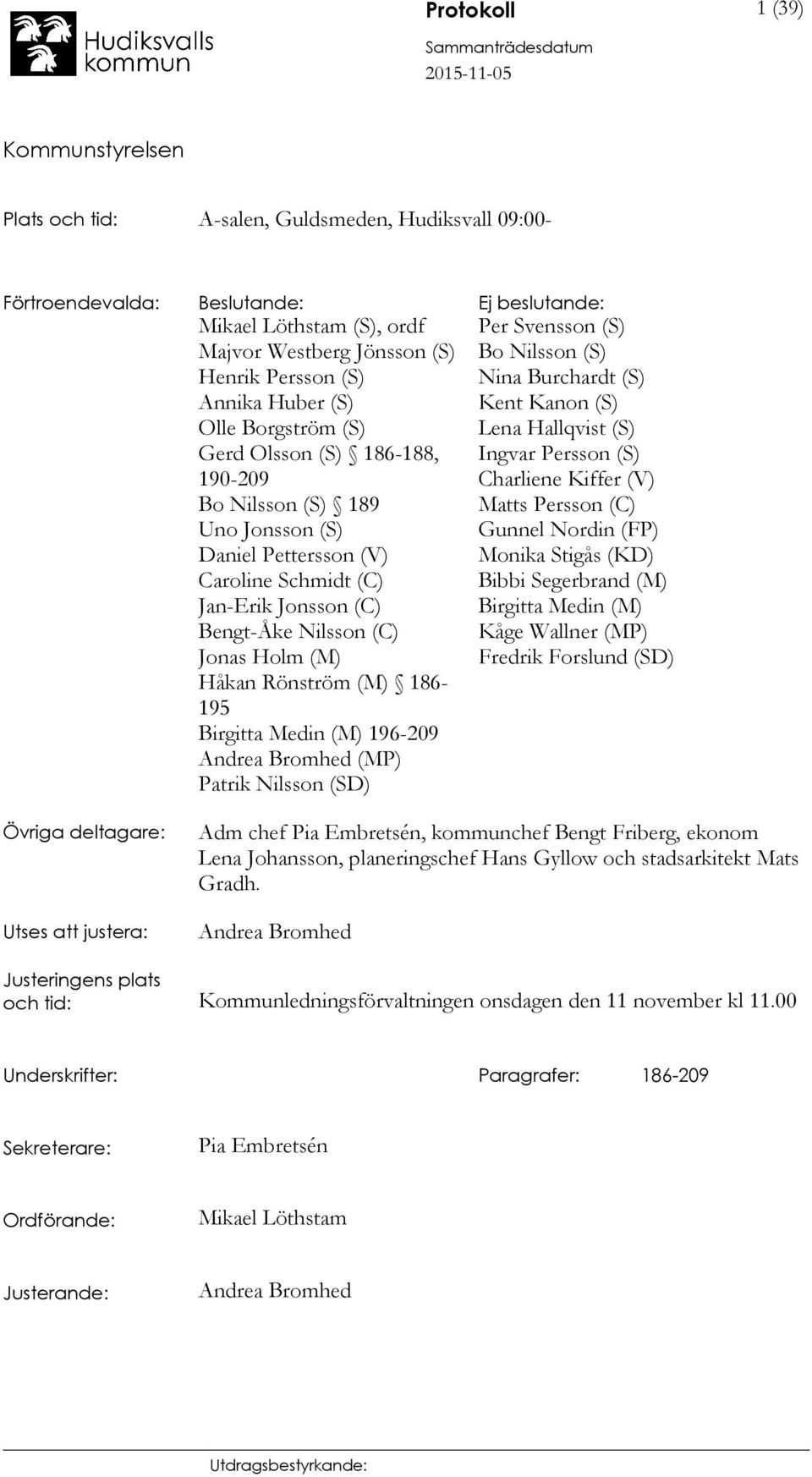 Håkan Rönström (M) 186-195 Birgitta Medin (M) 196-209 Andrea Bromhed (MP) Patrik Nilsson (SD) Per Svensson (S) Bo Nilsson (S) Nina Burchardt (S) Kent Kanon (S) Lena Hallqvist (S) Ingvar Persson (S)