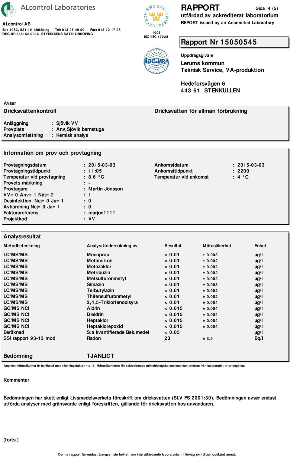 015 ±0.004 GC/MS NCI Heptaklorepoxid <0.015 ±0.004 Beräknad S:a kvantifierade Bek.medel <0.05 SSI rapport 93-13 mod Radon 23 ±3.