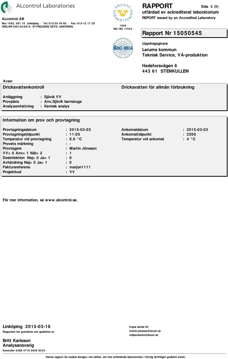 Linköping 2015-03-16 Rapporten har granskats och godkänts
