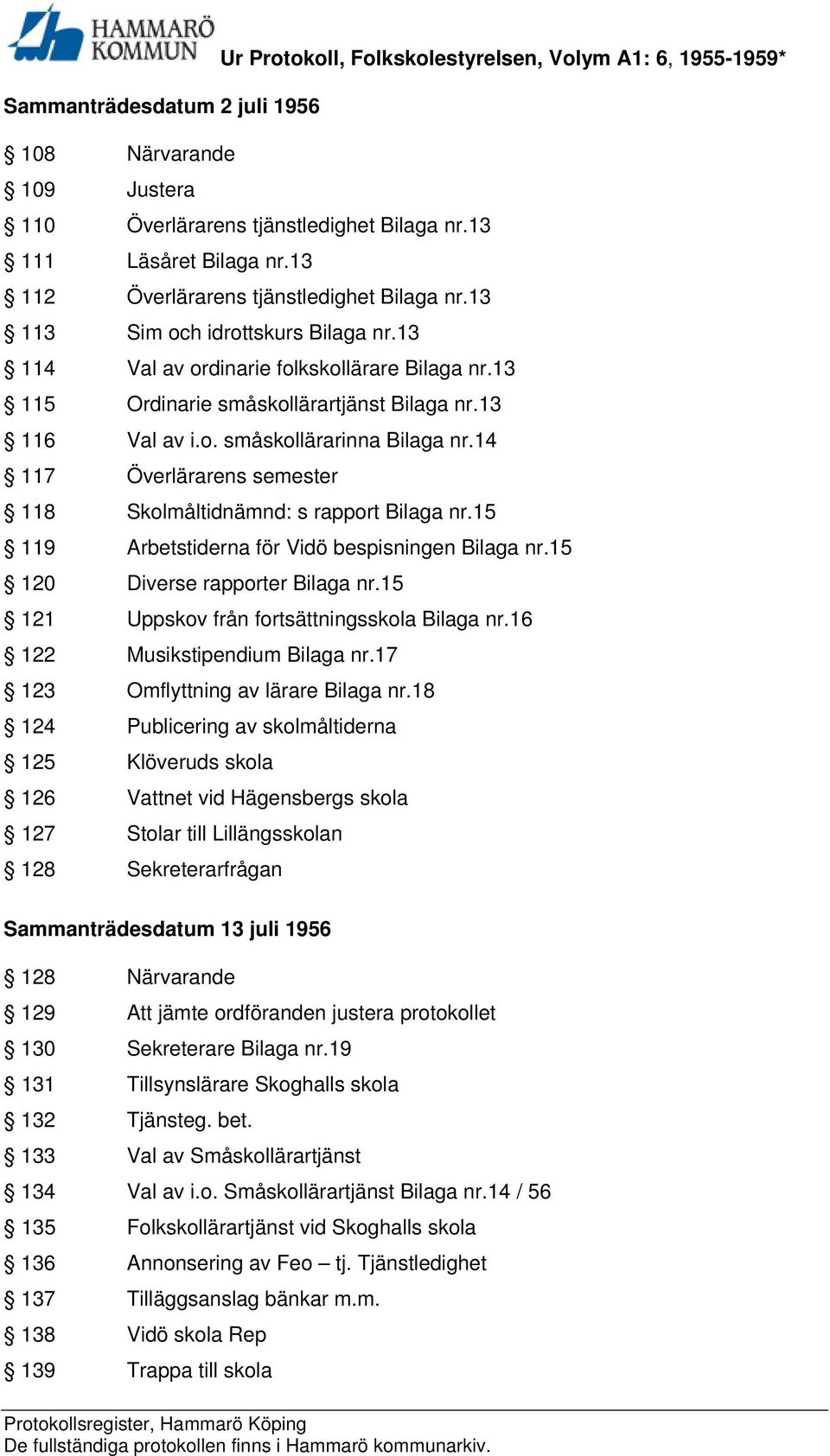 14 117 Överlärarens semester 118 Skolmåltidnämnd: s rapport Bilaga nr.15 119 Arbetstiderna för Vidö bespisningen Bilaga nr.15 120 Diverse rapporter Bilaga nr.