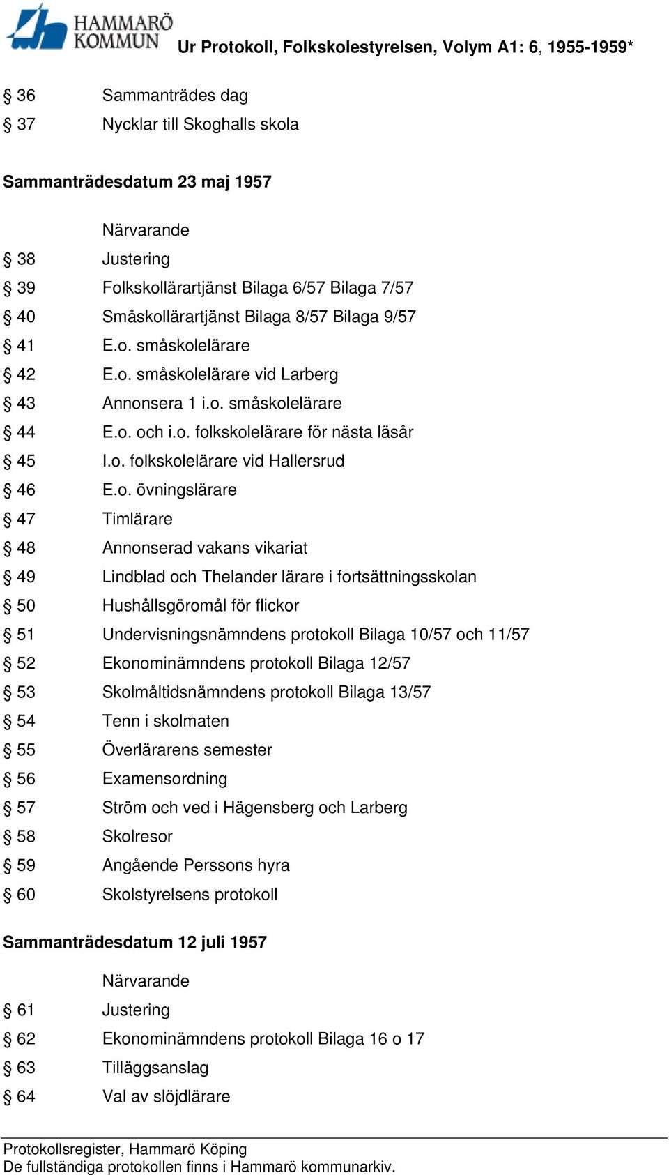 Annonserad vakans vikariat 49 Lindblad och Thelander lärare i fortsättningsskolan 50 Hushållsgöromål för flickor 51 Undervisningsnämndens protokoll Bilaga 10/57 och 11/57 52 Ekonominämndens protokoll