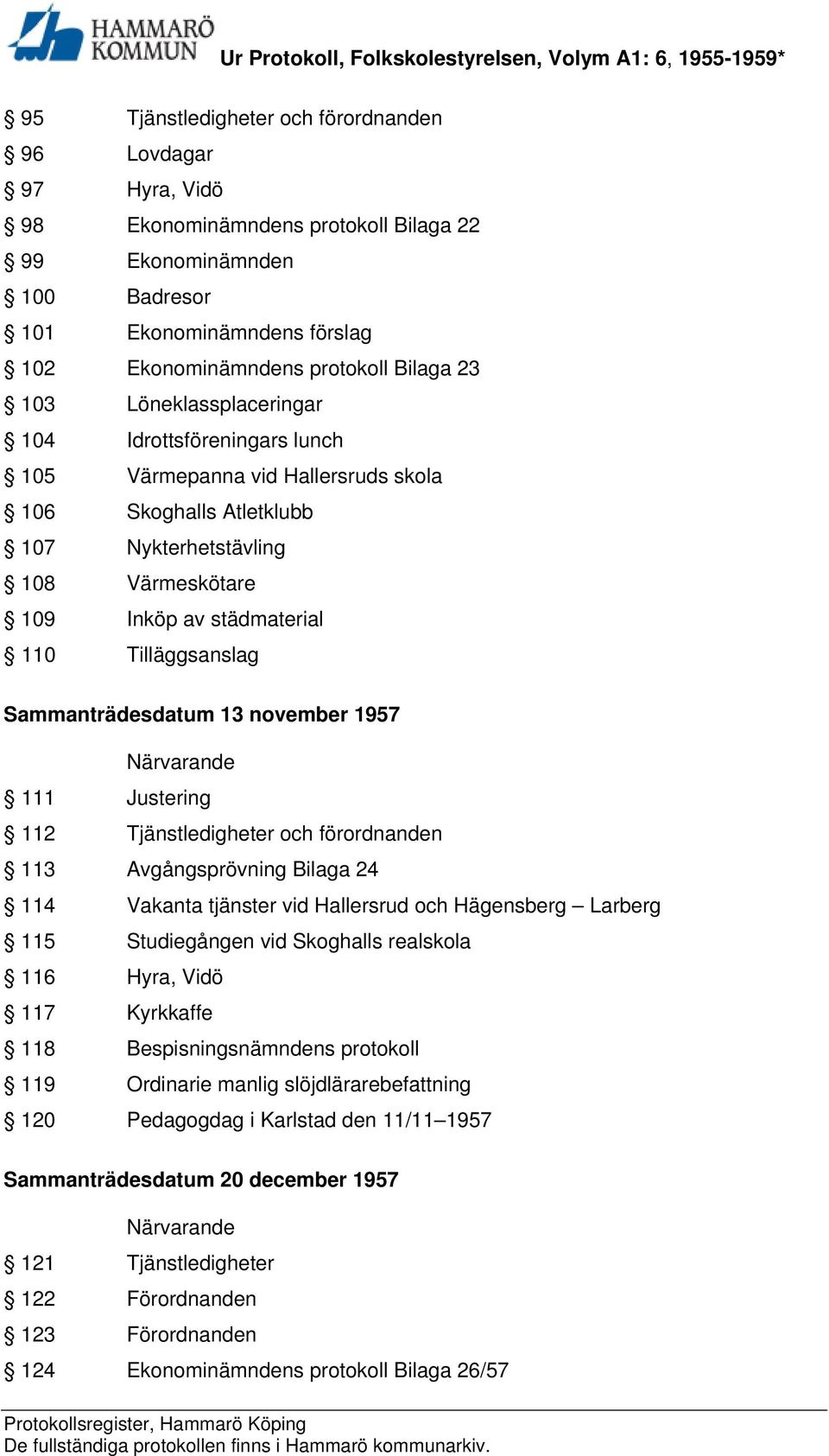 Tilläggsanslag Sammanträdesdatum 13 november 1957 111 Justering 112 Tjänstledigheter och förordnanden 113 Avgångsprövning Bilaga 24 114 Vakanta tjänster vid Hallersrud och Hägensberg Larberg 115
