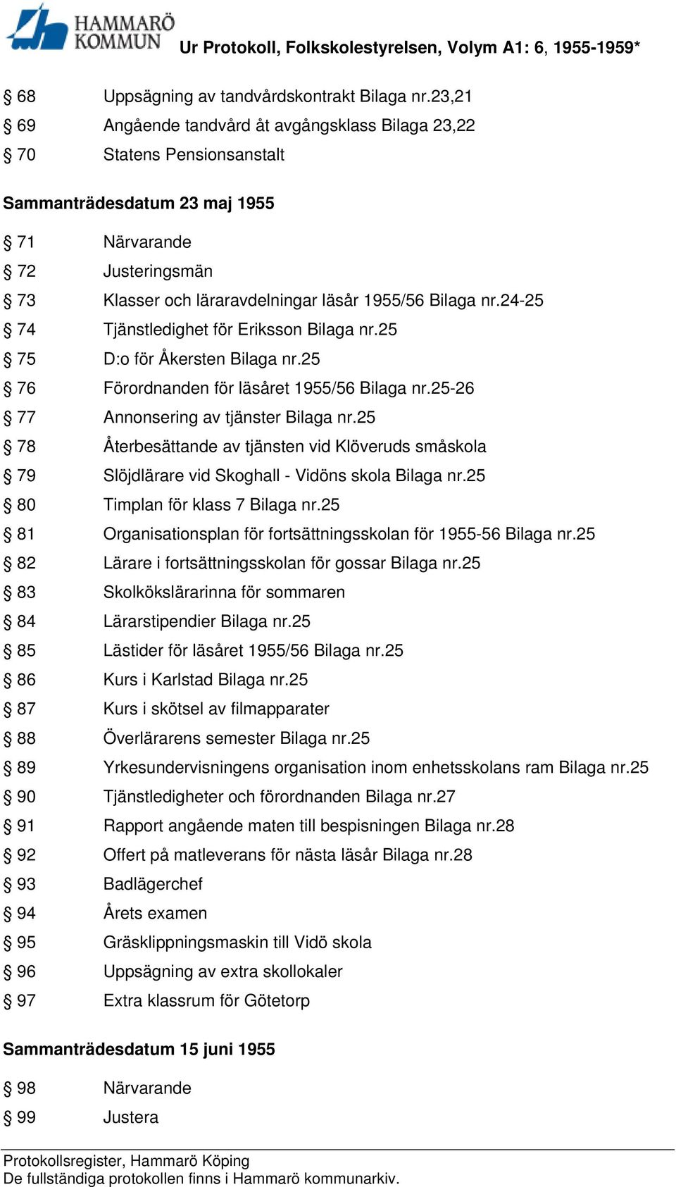 24-25 74 Tjänstledighet för Eriksson Bilaga nr.25 75 D:o för Åkersten Bilaga nr.25 76 Förordnanden för läsåret 1955/56 Bilaga nr.25-26 77 Annonsering av tjänster Bilaga nr.