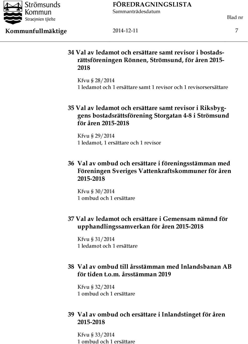 29/2014 1 ledamot, 1 ersättare och 1 revisor 36 Val av ombud och ersättare i föreningsstämman med Föreningen Sveriges Vattenkraftskommuner för åren 2015-2018 Kfvu 30/2014 1 ombud och 1 ersättare 37