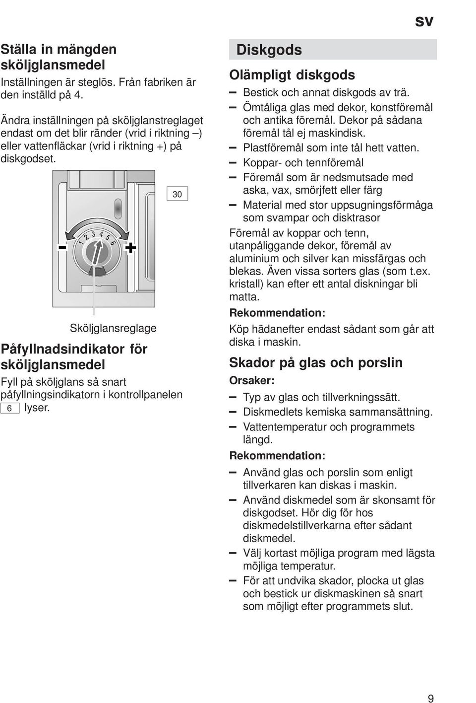 Sköljglansreglage 30 Påfyllnadsindikator för sköljglansmedel Fyll på sköljglans så snart påfyllningsindikatorn i kontrollpanelen 6 lyser. Diskgods Olämpligt diskgods Bestick och annat diskgods av trä.