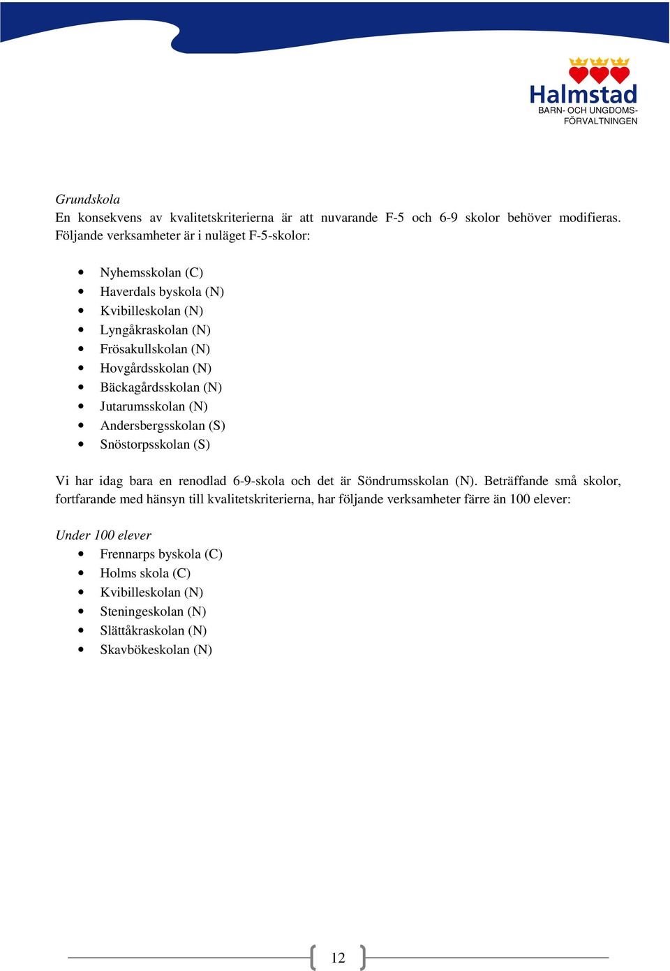 Bäckagårdsskolan (N) Jutarumsskolan (N) Andersbergsskolan (S) Snöstorpsskolan (S) Vi har idag bara en renodlad 6-9-skola och det är Söndrumsskolan (N).