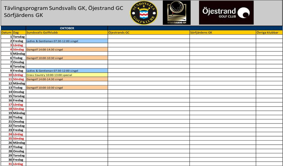 Cross Country 10:00-13:00 special 11 Söndag Damgolf 14:00-14:30 singel 12 Måndag 13 Tisdag Damgolf 10:00-10:30 singel 14 Onsdag 15 Torsdag 16