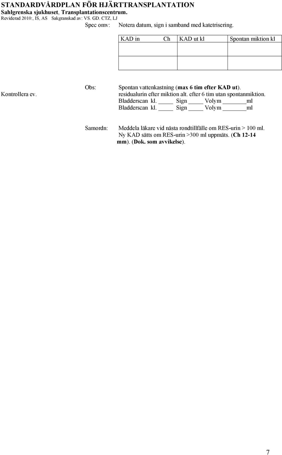 residualurin efter miktion alt. efter 6 tim utan spontanmiktion. Bladderscan kl. Sign Volym ml Bladderscan kl.