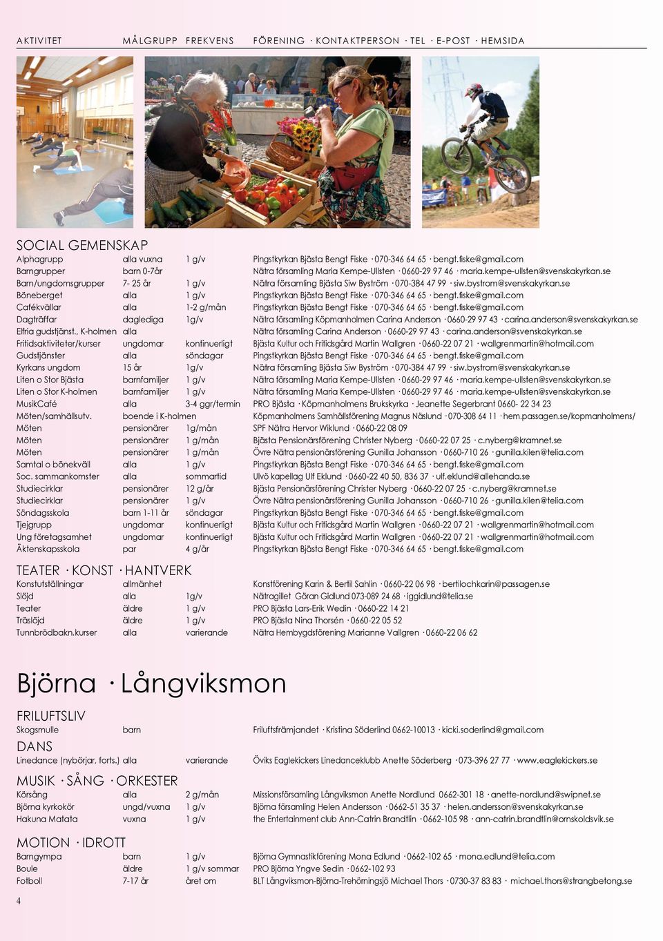 se Böneberget alla 1 g/v Pingstkyrkan Bjästa Bengt Fiske 070-346 64 65 bengt.fiske@gmail.com Cafékvällar alla 1-2 g/mån Pingstkyrkan Bjästa Bengt Fiske 070-346 64 65 bengt.fiske@gmail.com Dagträffar daglediga 1g/v Nätra församling Köpmanholmen Carina Anderson 0660-29 97 43 carina.