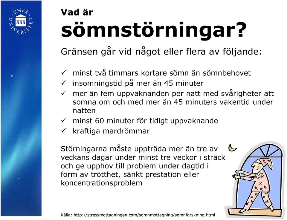 uppvaknanden per natt med svårigheter att somna om och med mer än 45 minuters vakentid under natten minst 60 minuter för tidigt uppvaknande