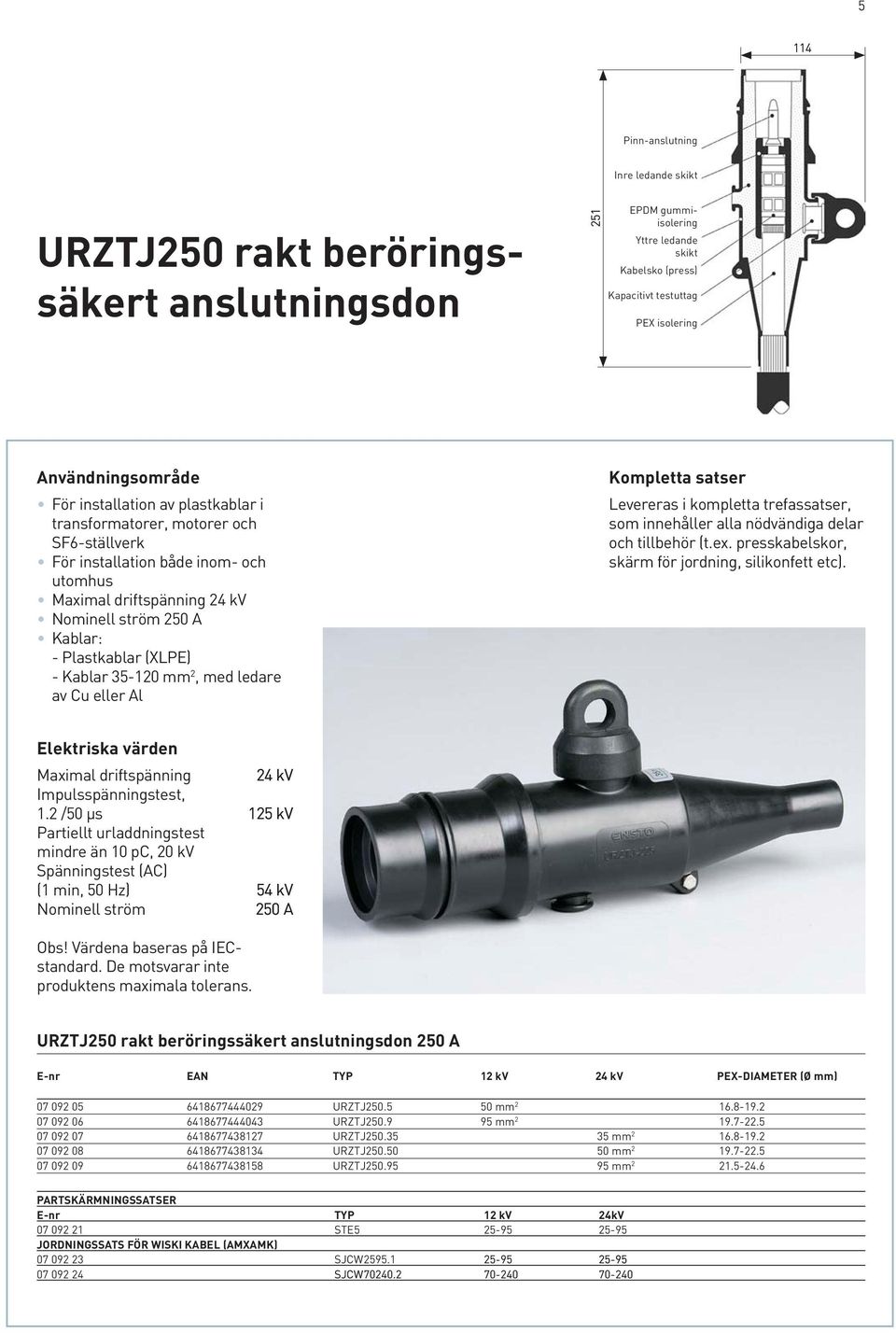 35-120 mm 2, med ledare av Cu eller Al Kompletta satser Levereras i kompletta trefassatser, som innehåller alla nödvändiga delar och tillbehör (t.ex.
