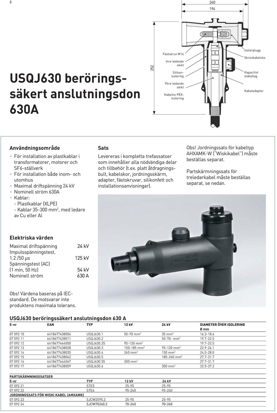 Plastkablar (XLPE) - Kablar 35-300 mm 2, med ledare av Cu eller Al Sats Levereras i kompletta trefassatser som innehåller alla nödvändiga delar och tillbehör (t.ex.