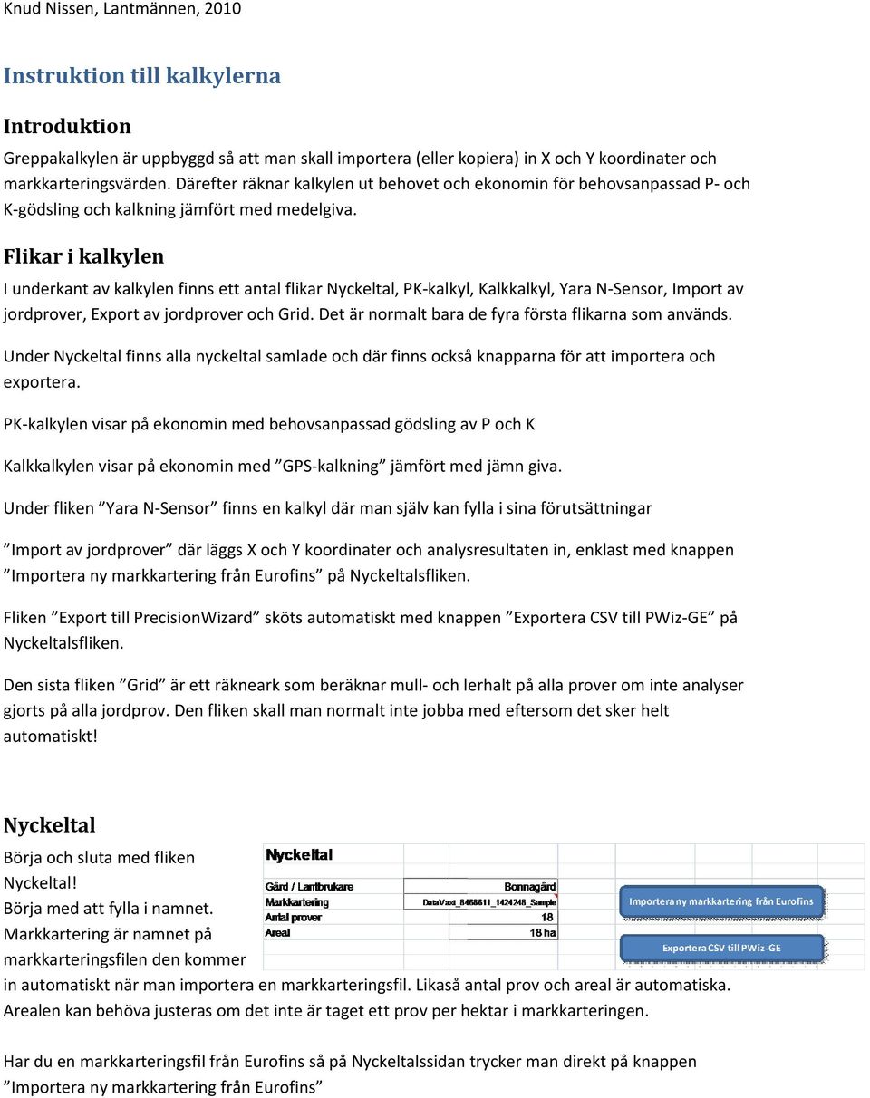 Flikar i kalkylen I underkant av kalkylen finns ett antal flikar Nyckeltal, PK-kalkyl, Kalkkalkyl, Yara N-Sensor, Import av jordprover, Export av jordprover och Grid.