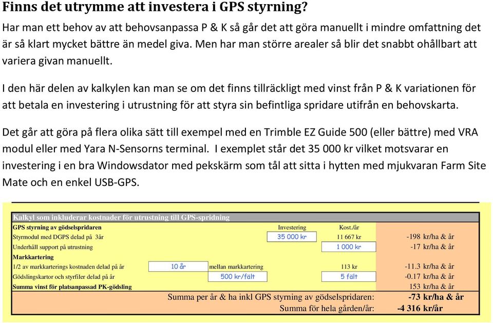 I den här delen av kalkylen kan man se om det finns tillräckligt med vinst från P & K variationen för att betala en investering i utrustning för att styra sin befintliga spridare utifrån en