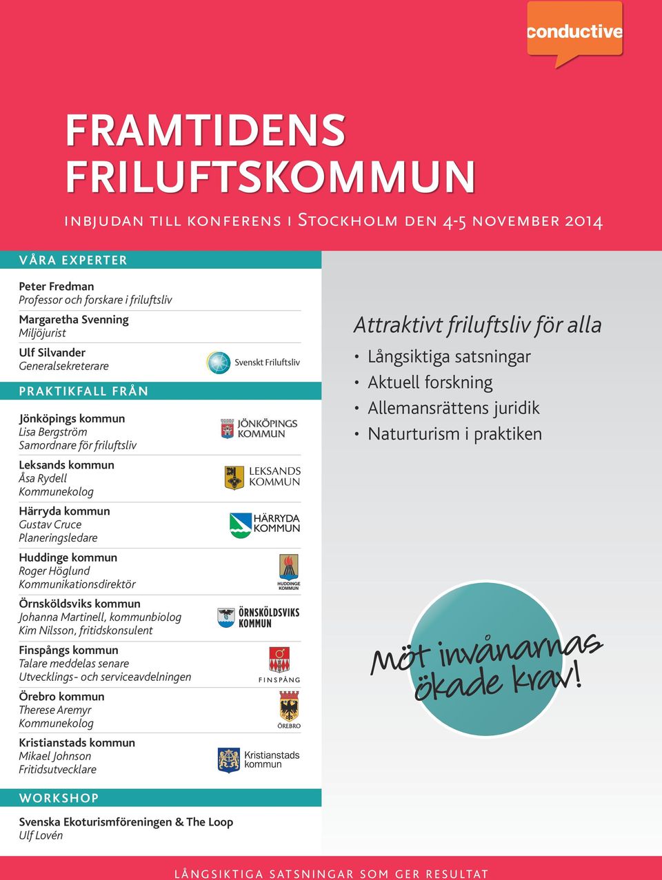 Martinell, kommunbiolog Kim Nilsson, fritidskonsulent Finspångs kommun Talare meddelas senare Utvecklings- och serviceavdelningen Örebro kommun Therese Aremyr Kristianstads kommun Mikael Johnson