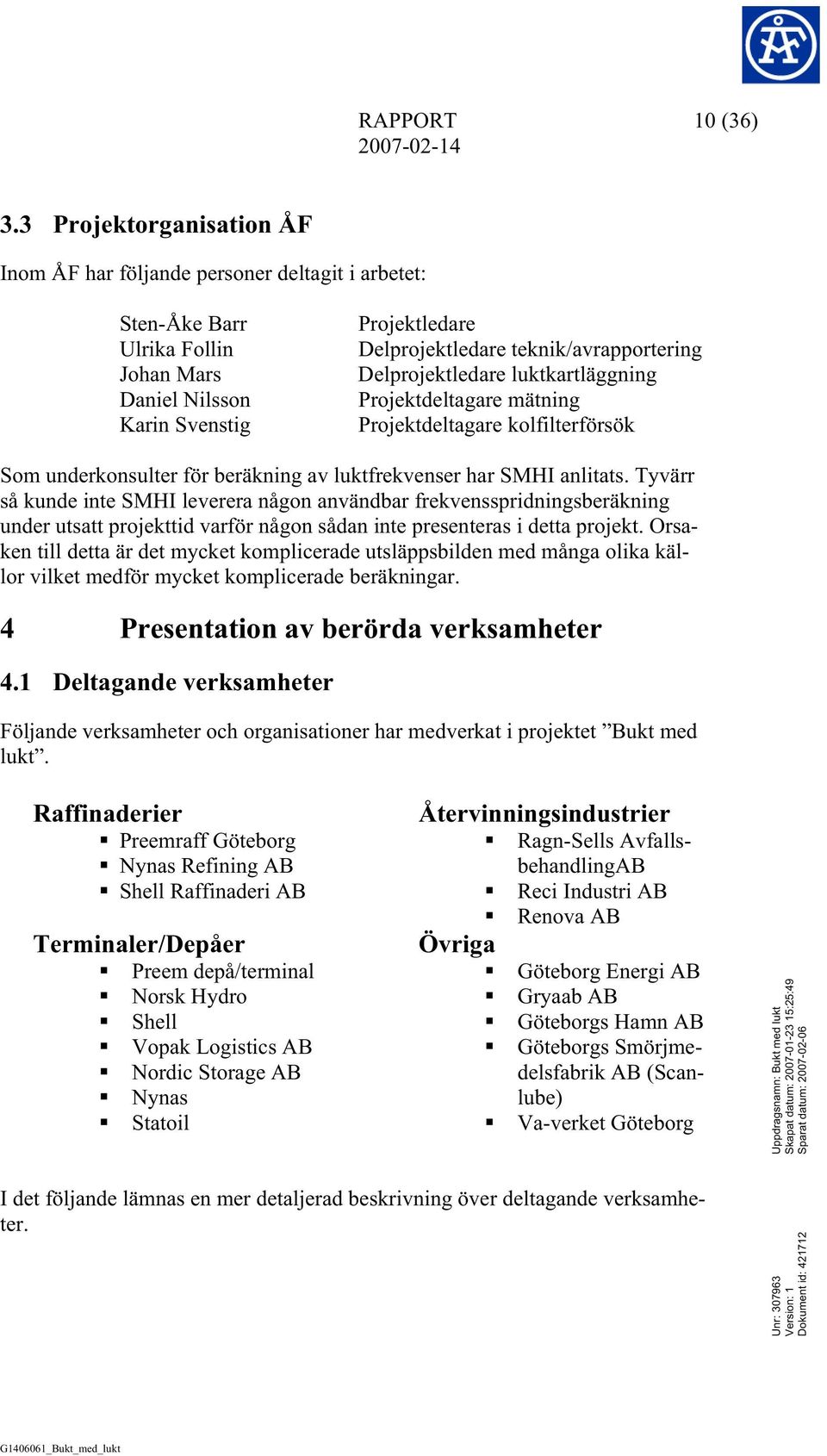 Delprojektledare luktkartläggning Projektdeltagare mätning Projektdeltagare kolfilterförsök Som underkonsulter för beräkning av luktfrekvenser har SMHI anlitats.