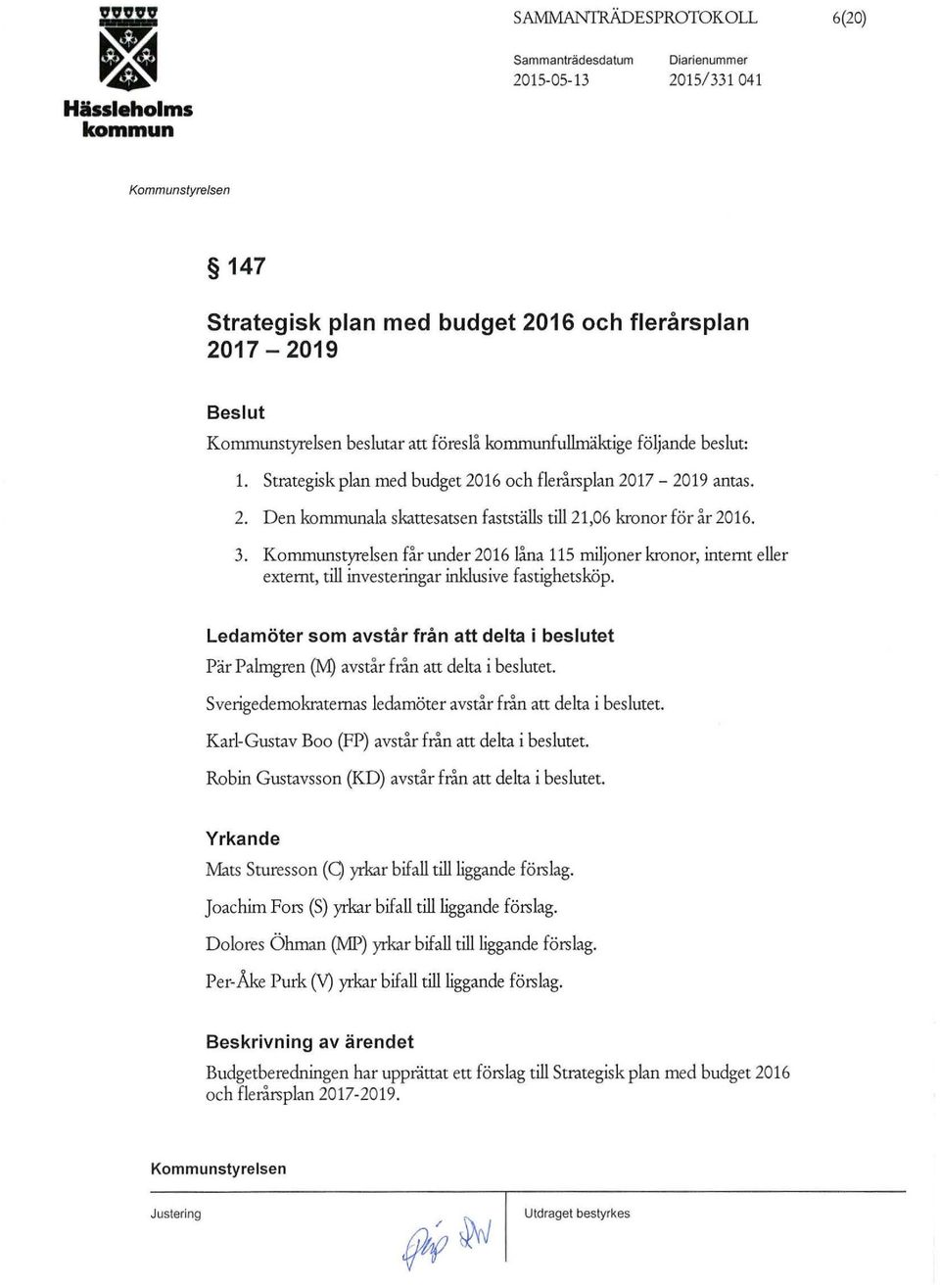 får under 2016 låna 115 miljoner kronor, internt eller externt, till investeringar inklusive fastighetsköp.