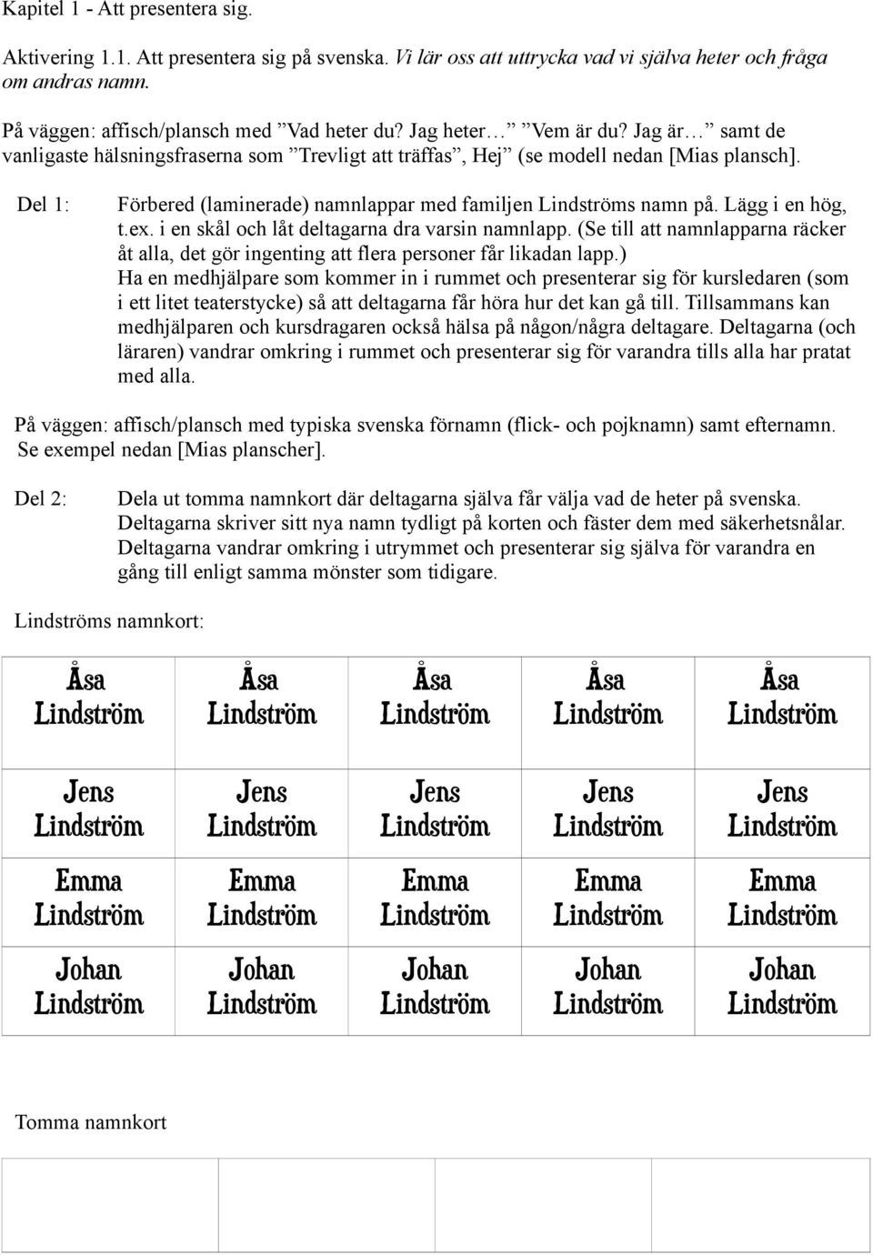 Lägg i en hög, t.ex. i en skål och låt deltagarna dra varsin namnlapp. (Se till att namnlapparna räcker åt alla, det gör ingenting att flera personer får likadan lapp.