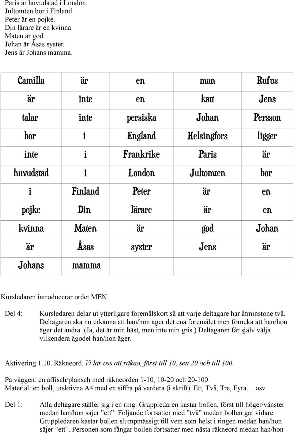 Din lärare är en kvinna Maten är god Johan är Åsas syster Jens är Johans mamma Kursledaren introducerar ordet MEN.