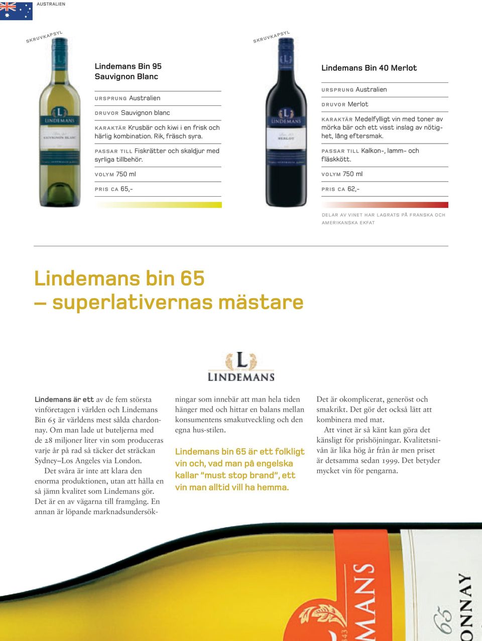 pris ca 65,- Lindemans Bin 40 Merlot ursprung druvor Merlot karaktär Medelfylligt vin med toner av mörka bär och ett visst inslag av nötighet, lång eftersmak.