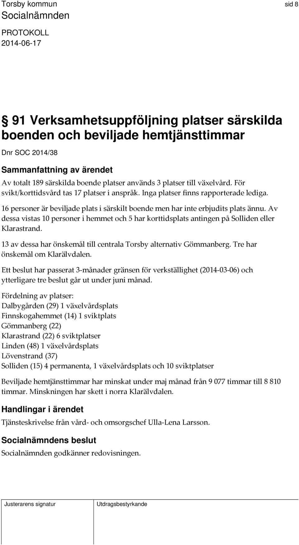 Av dessa vistas 10 personer i hemmet och 5 har korttidsplats antingen på Solliden eller Klarastrand. 13 av dessa har önskemål till centrala Torsby alternativ Gömmanberg.