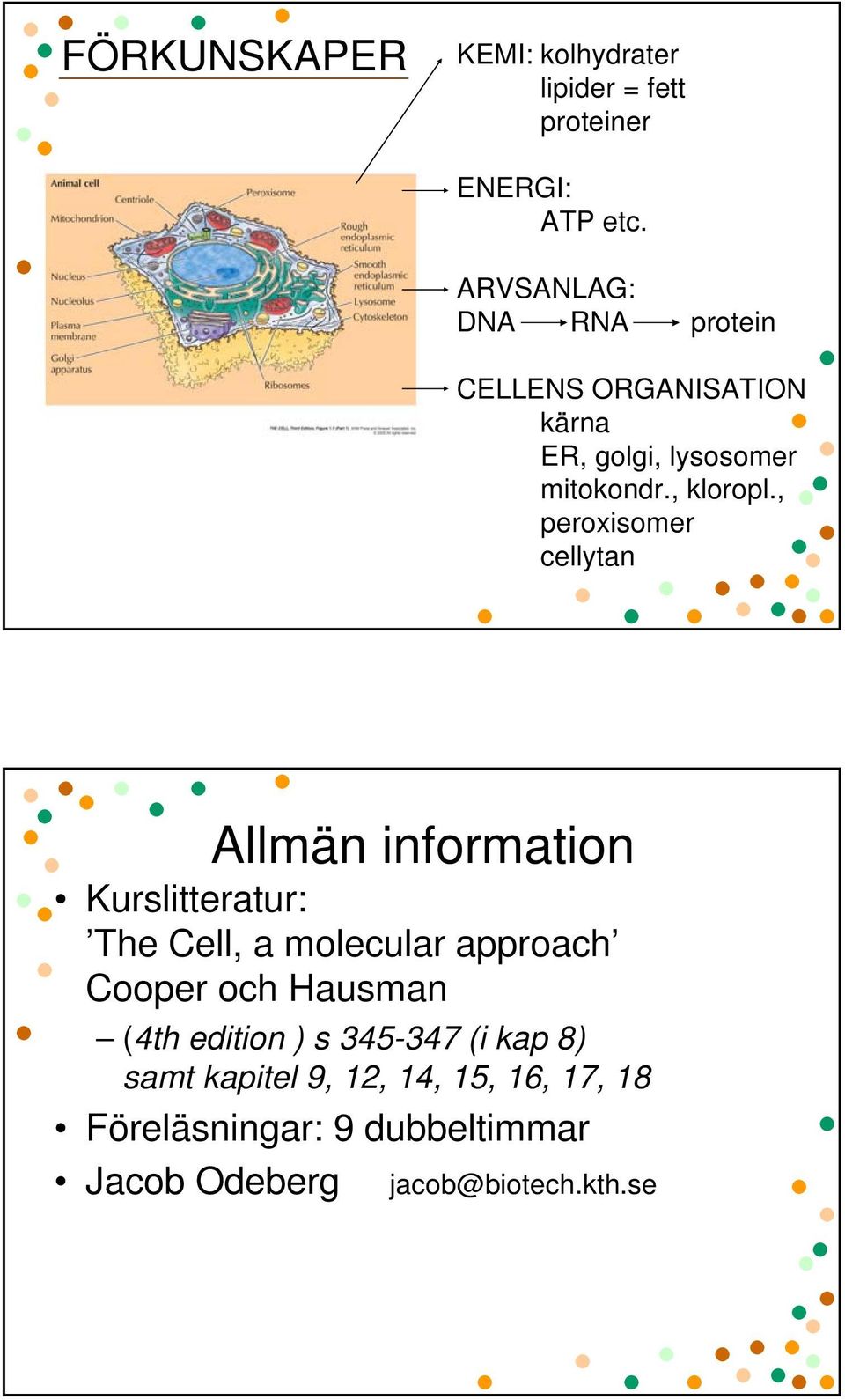 , peroxisomer cellytan Allmän information Kurslitteratur: The Cell, a molecular approach Cooper och