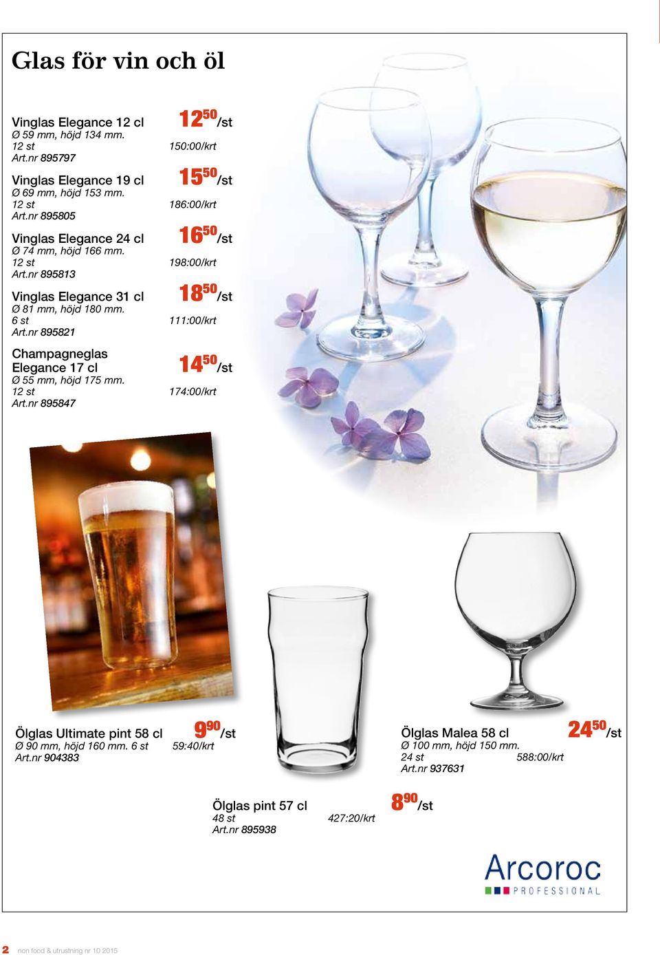 6 st 111:00/krt Art.nr 895821 Champagneglas Elegance 17 cl 14 50 /st Ø 55 mm, höjd 175 mm. 12 st 174:00/krt Art.nr 895847 Ölglas Ultimate pint 58 cl Ø 90 mm, höjd 160 mm. 6 st Art.