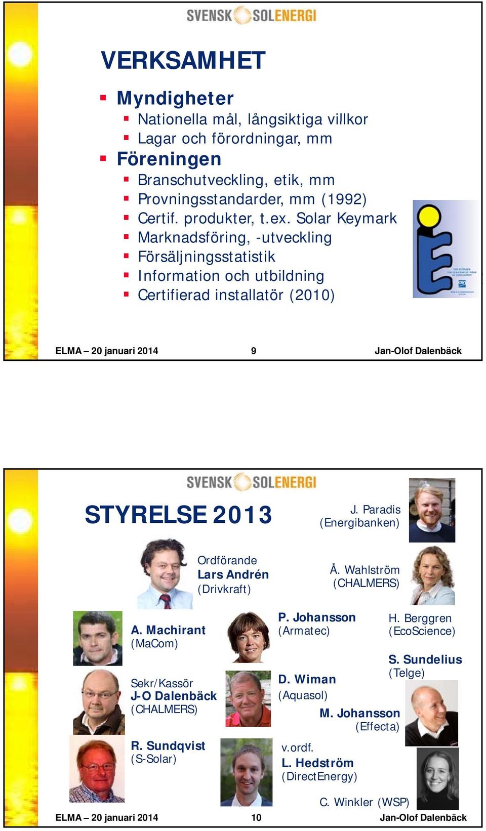 Paradis (Energibanken) A. Machirant (MaCom) Sekr/Kassör J-O Dalenbäck (CHALMERS) R. Sundqvist (S-Solar) Ordförande Lars Andrén (Drivkraft) P. Johansson (Armatec) D. Wiman (Aquasol) Å.