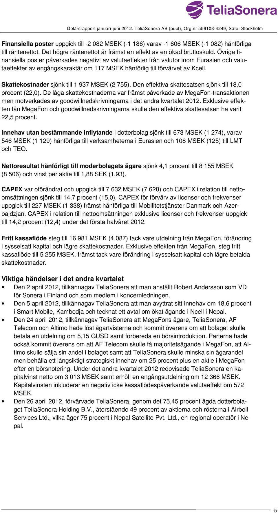 Skattekostnader sjönk till 1 937 MSEK (2 755). Den effektiva skattesatsen sjönk till 18,0 procent (22,0).