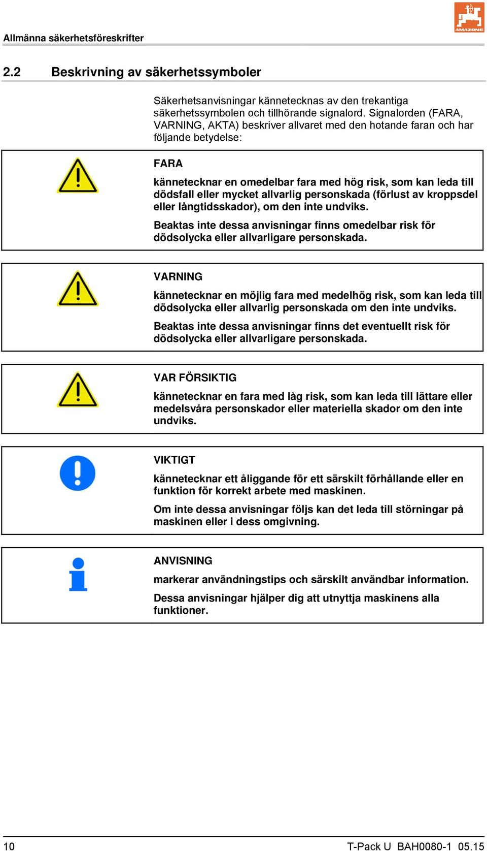 allvarlig personskada (förlust av kroppsdel eller långtidsskador), om den inte undviks. Beaktas inte dessa anvisningar finns omedelbar risk för dödsolycka eller allvarligare personskada.
