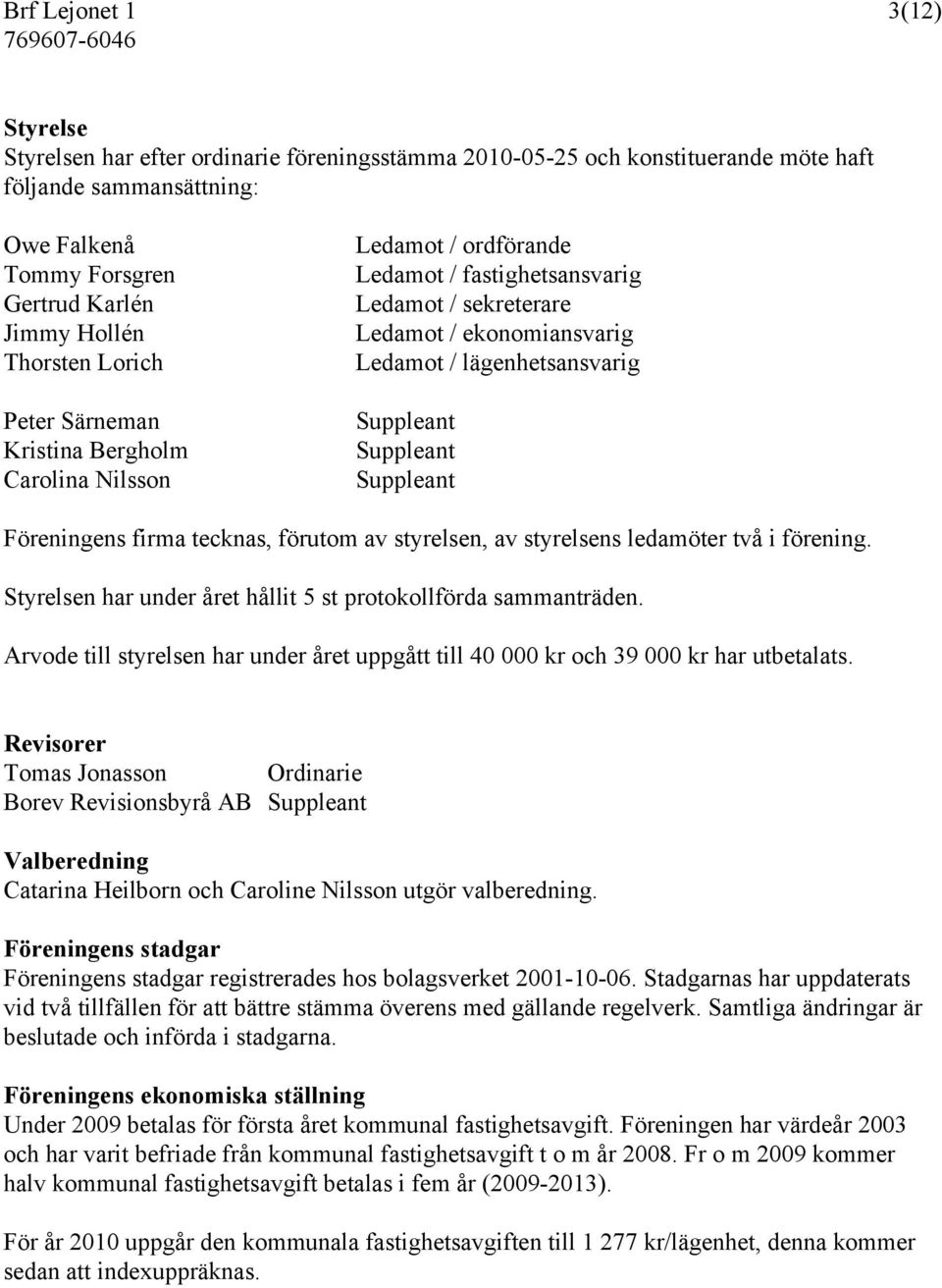 Suppleant Suppleant Suppleant Föreningens firma tecknas, förutom av styrelsen, av styrelsens ledamöter två i förening. Styrelsen har under året hållit 5 st protokollförda sammanträden.