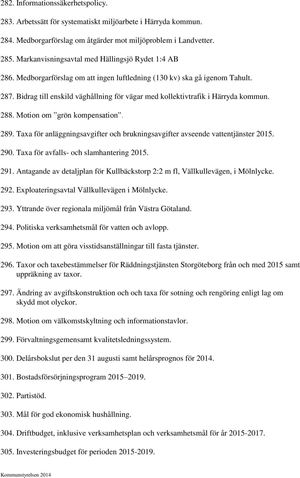 Bidrag till enskild väghållning för vägar med kollektivtrafik i Härryda kommun. 288. Motion om grön kompensation. 289. Taxa för anläggningsavgifter och brukningsavgifter avseende vattentjänster 2015.