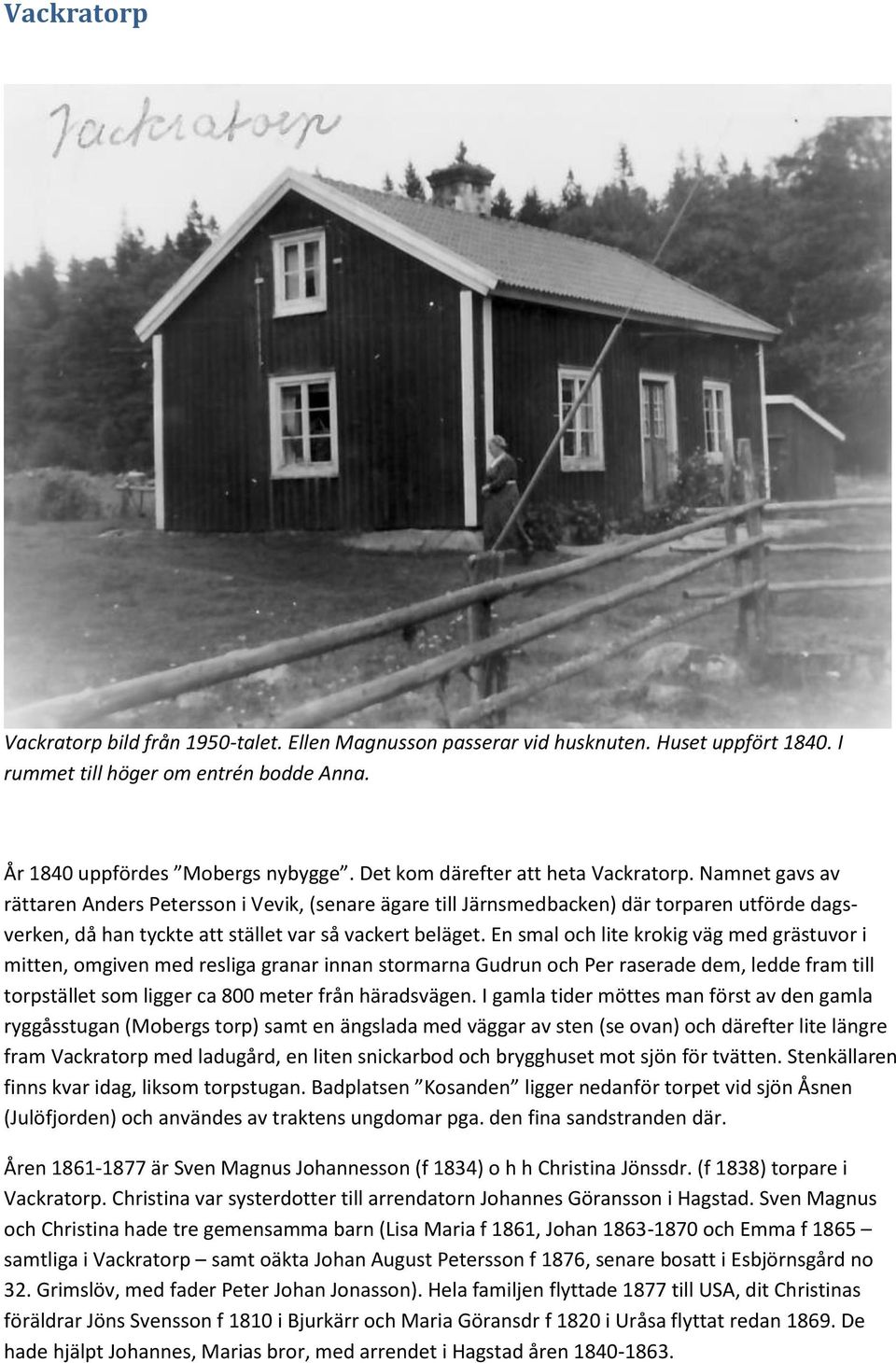 Namnet gavs av rättaren Anders Petersson i Vevik, (senare ägare till Järnsmedbacken) där torparen utförde dagsverken, då han tyckte att stället var så vackert beläget.
