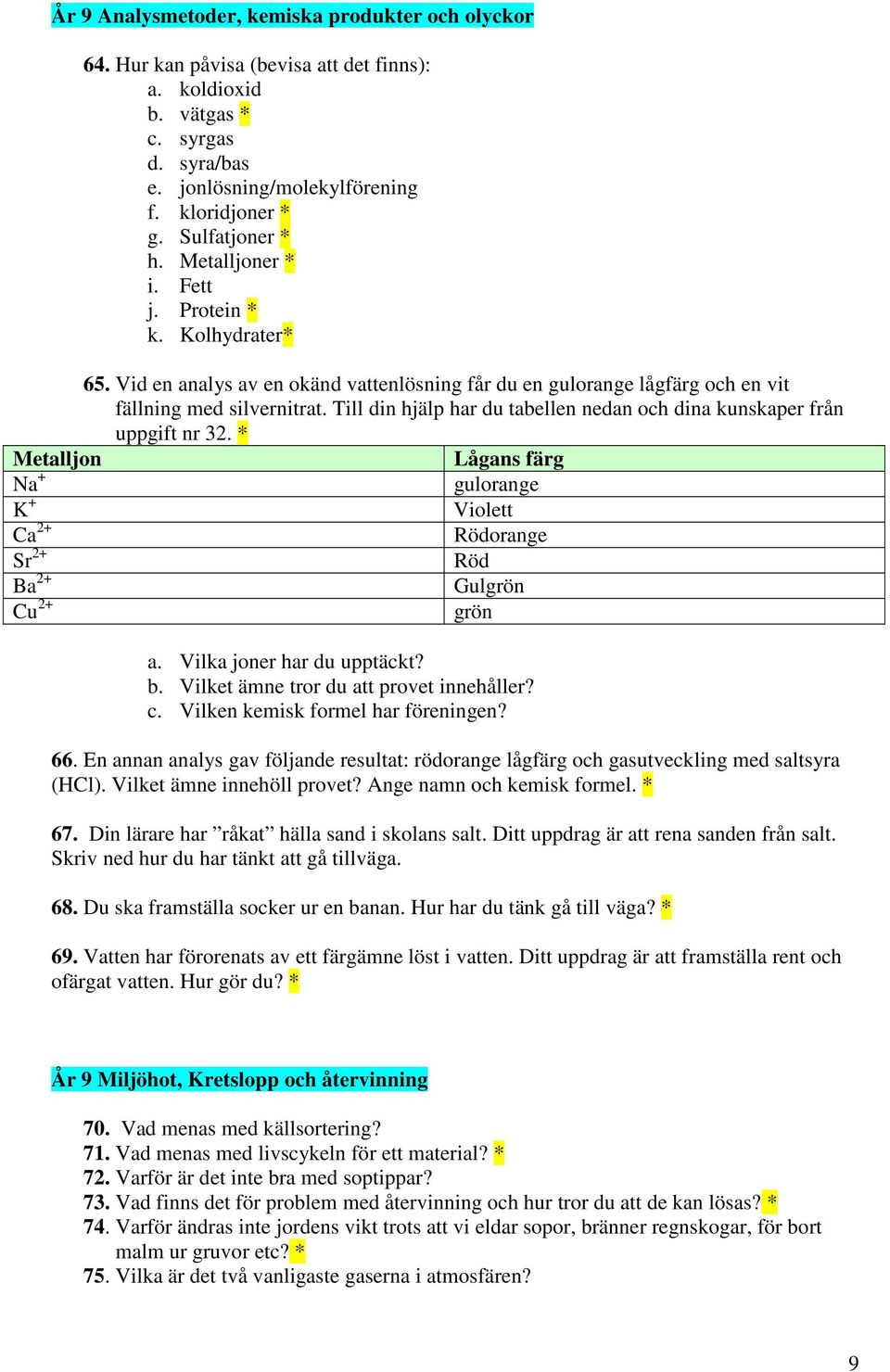 Till din hjälp har du tabellen nedan och dina kunskaper från uppgift nr 32. * Metalljon Lågans färg Na + gulorange K + Violett Ca 2+ Rödorange Sr 2+ Röd Ba 2+ Gulgrön Cu 2+ grön a.